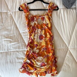 Urban Outfitters Orange & Yellow 70s Style Floral Mini Dress with Keyhole Cutout